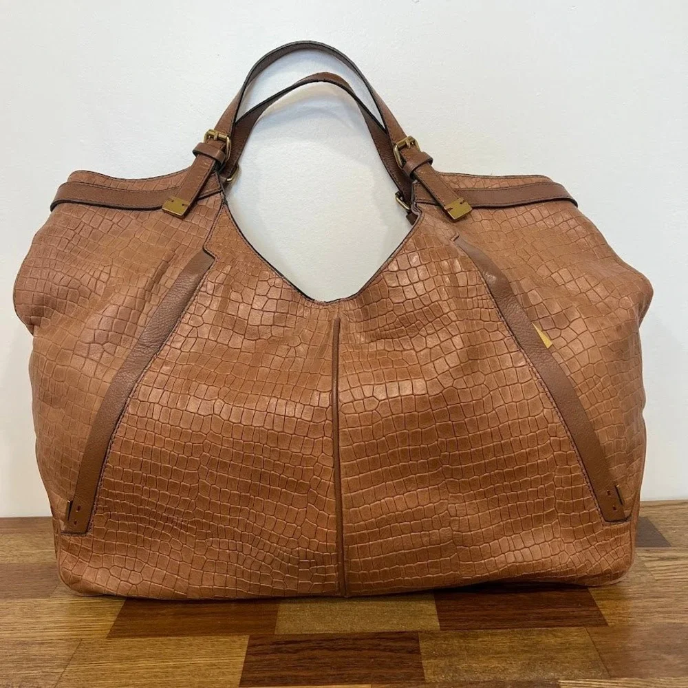 Tahari Crocodile Embossed Leather Hobo Bag Large Cognac Tote Gold Hardware Boho